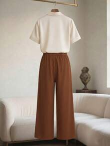 Franclia Women's Casual Commuter Short Sleeve Shirt And Pants 2 Pieces Set - Apricot - View 2