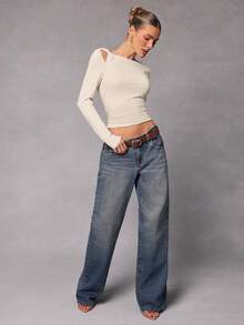 Hauture 休闲纯色扭结不对称设计长袖上衣 - 杏色 - 查看 5