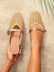 SHUZIA Ladies Elegant Crochet Woven PU Slip-On Mules - Beige - View 2