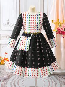 Tween Girl' Retro Print Long Sleeve Mid-Length Shift Dress - Multicolor - View 3