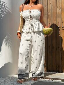 Sunnyshic New Design Fashionable Loose Tube Top & Wide Leg Casual Pants Set, Spring/Summer - Apricot - View 4