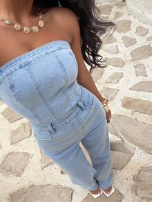 Sunnyshic Bộ áo liền quần denim nữ kiểu dáng thường ngày, có túi, thích hợp cho kỳ nghỉ. - Rửa nhẹ - Xem 1