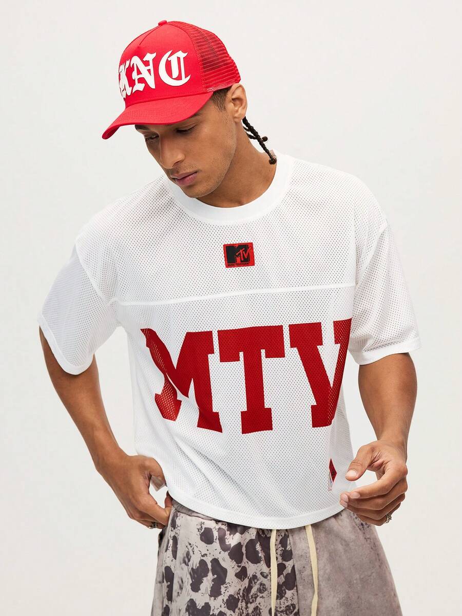 MTV | SHEIN 男士休闲透气字母印花短袖T恤，夏季 - 白色 - 查看 1