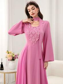 Al Najma V-Neck Beaded Embroidered Floral Tie Mesh Splice Fitted Long Sleeve Elegant Flared Hem Women Evening Gown Dress, Pink - Hot Pink - View 8