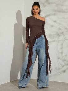 SHEIN Glamour 女士休闲摩卡棕色长袖T恤，不对称领口和荷叶边下摆细节，纯色不对称领荷叶边下摆修身长袖T恤，单肩上衣，单袖流苏上衣，巧克力棕色女士上衣，适合海滩度假和夏季穿着。 - 摩卡棕 - 查看 7