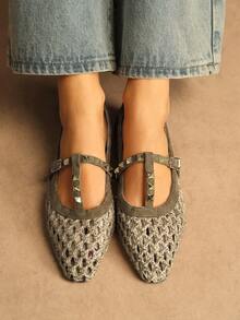 Rosivie Women's Rivet Design Fashionable Elegant Pointed Toe Shoes - Champagne - View 5