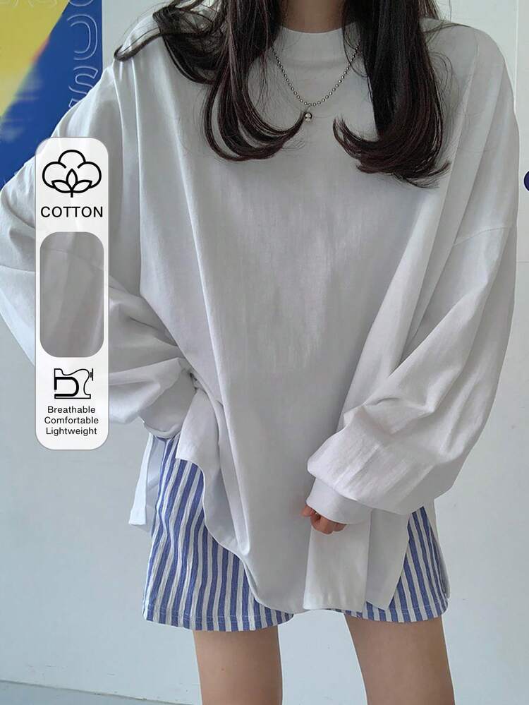 Women's Solid Color Oversized Long Sleeve T-Shirt, White, Spring/Summer/Autumn