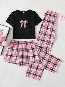 SHEIN 3件套少女蝴蝶结格子印花针织家居服套装，休闲家居服，适合日常穿着 - 黑色 - 查看 1