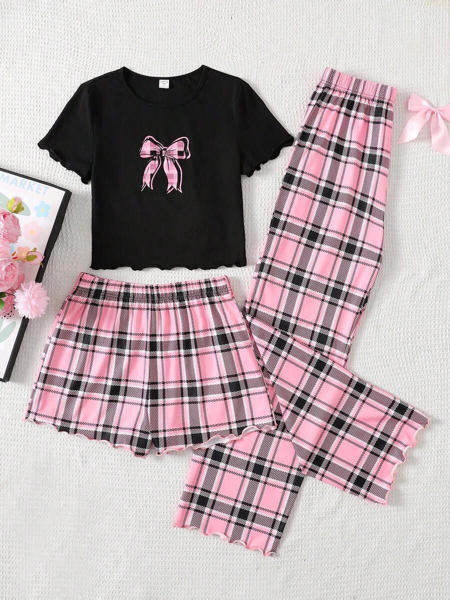 SHEIN 3件套少女蝴蝶结格子印花针织家居服套装，休闲家居服，适合日常穿着 - 黑色 - 查看 1