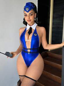 Fantasy Costume 5条闪亮PU反光领带，撞色连体衣，适合OL、女老板、夜店、派对、化装舞会等场合穿着 - 藍色 - 查看 4