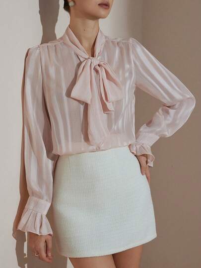 Aveloria Rosie New Vintage French Elegant Bowknot Ribbon Design Delicate Silver Striped Women's Blouse, Versatile For Work And Casual Wear