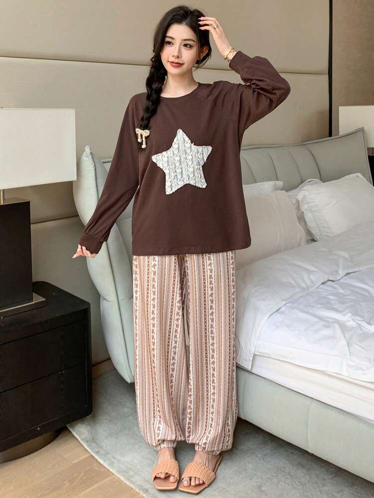 2pcs Women Lace Star Pattern Loose Long Sleeve & Long Pants Pajama Set, Autumn