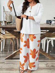 Weeklong Plus Size 2-Piece Set: Solid Color Shirt & Floral Print Pants, Casual Holiday Style - Multicolor - View 4