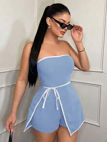 SHEIN SXY 女士夏季休闲撞色滚边抹胸连体衣 - 藍色 - 查看 4