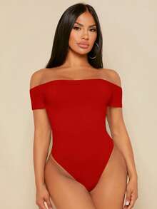 SHEIN SXY Body negro de mujer con hombros descubiertos - Rojo - Ver 3