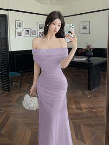 Modelyn Elegant Women's Mauve Purple Off Shoulder Sleeveless Fitted Maxi Dress With Pencil Hem And Zipper Detail - Mauve Purple - View 7