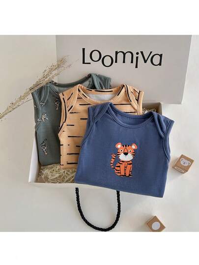 Loomiva Newborn Baby Boy/Girl 3-Piece Set: Cartoon Animal Print Soft Knit Crew Neck Short Sleeve Romper Safari Clothes For Baby Baby Boy Summer Rompers Woodland Baby Clothes Baby Boy Jumpsuits Baby Unisex Clothes