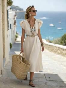 Breezaya Đầm màu mơ thanh lịch, dáng rộng, cổ chữ V, tay ngắn, thích hợp cho nữ mặc hàng ngày đi làm. - Màu be - Xem 5