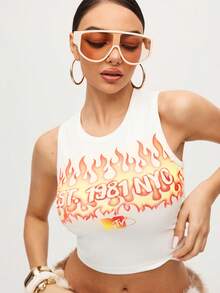 MTV | SHEIN Women's Casual Letter & Flame Print Cropped Tank Top, Summer - White - View 5