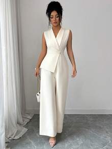 Elenzga 女士杏色纯色V领西装外套，领口腰带设计，优雅职业装，适合工作、会议、教师、学校、情人节、劳动节、复活节、旅行、春夏新款时尚必备无袖宽松直筒连体裤