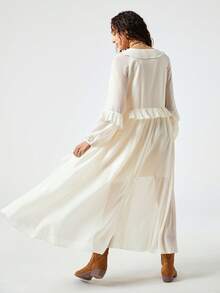 SoleilVie Đầm dài tay thanh lịch, thời trang màu mơ nhạt bằng chiffon, viền lá sen, thắt eo, có lớp lót bên trong. Đầm thanh lịch cho nữ. Đầm thanh lịch dành cho phụ nữ. Đầm thanh lịch cho quý cô. Đầm năm mới. Đầm đêm giao thừa cho nữ. Trang phục năm mới cho nữ. Trang phục năm mới cho nữ. - Màu be - Xem 2