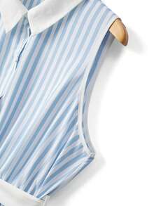 GlowEve CURVE 大码女式夏季时尚优雅通勤衬衫领蓝白条纹无袖收腰A字连衣裙 - 藍色 - 查看 3