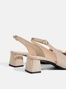 CUCCOO TILAWA Floral Rhinestone Square Buckle Square Toe Commuter Versatile Low Vamp High Heel Hollow Out Sandals, Women's Fashion Shoes - Apricot - View 5