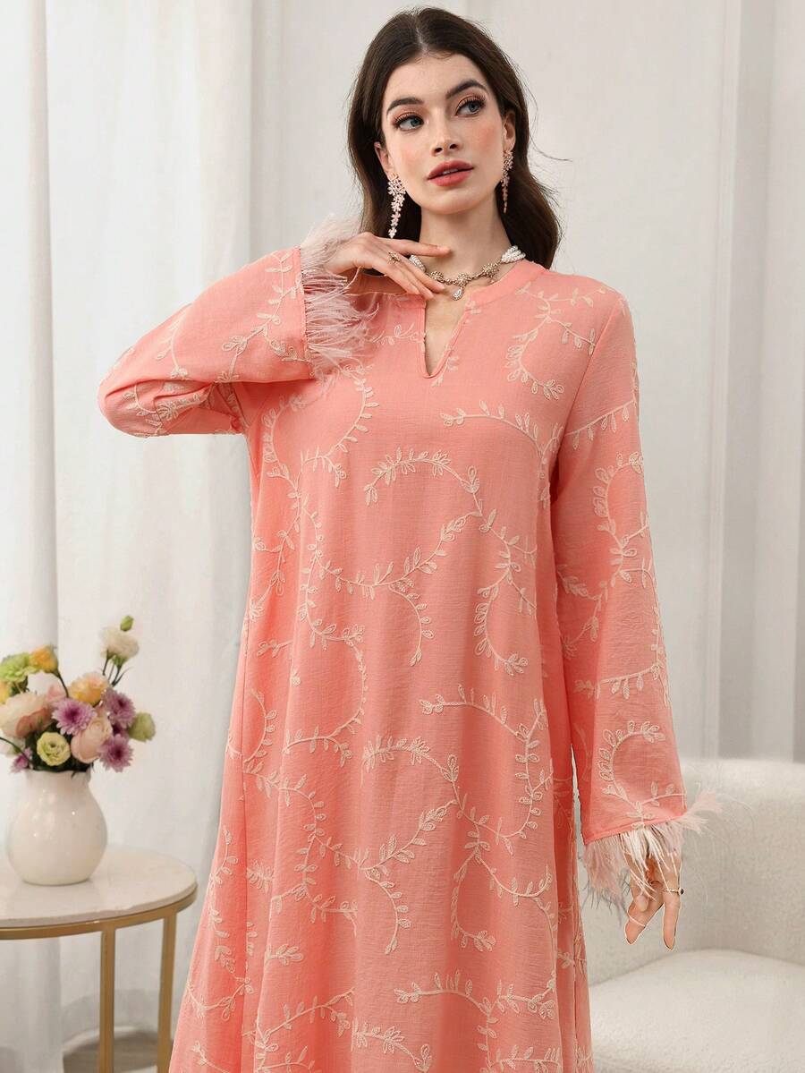 Yasmyna Feather Trim Embroidered Loose Flared Hem Elegant Women Dress