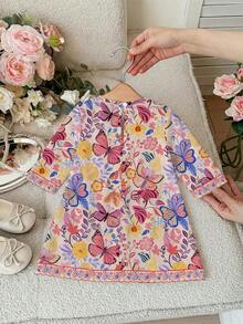 花卉阿拉伯长袍，优雅花卉领口，休闲简约的传统长袖阿拉伯连衣裙，适合春夏穿着，优雅端庄的长袖连衣裙，祈祷长袍，舒适休闲，度假风，端庄的卡夫坦长袍，儿童阿拉伯长袍，女婴长袍，女婴服装，阿拉伯婴儿服装，穆斯林女婴服装，女婴情人节服装 - 彩色 - 查看 2