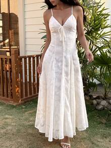 DAZY Textured Waist Cinching Midi Dress With Flared Skirt For Women - Beige - View 3