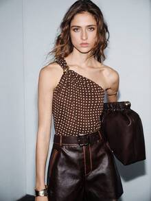 Lumivelle Valentine's Day Chiffon Polka Dot Pattern Metal Button Oblique Shoulder Pleated Open Back A-Line Hem Vacation Elegant Sexy Luxurious Minimalist Spring/Summer Women Camisole Polka Dot Top Brown Polka Dot Top One Shoulder Top One Shoulder Blouse Brown Top Party Top - Coffee Brown - View 1