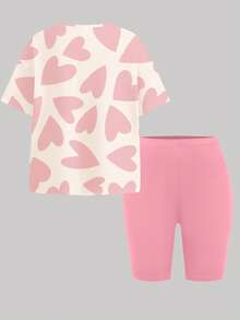 两件套少女休闲宽松圆领短袖上衣，甜美糖果粉色，抽象爱心吐司纹理印花，搭配修身骑行短裤，适合春夏日常穿着、外出、居家、度假、情人节等场合。 - 彩色 - 查看 2