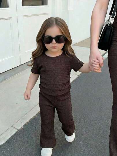 LMoss Kids 2pcs Baby Girl Solid Color Textured Knit Turtleneck Crop Top And Wide Leg Pants Set