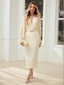 MOTF PREMIUM WOMEN'S CHIFFON CONTRAST LACE RIBBON EMBROIDERED ROMANTIC BLOUSE - Apricot - View 4