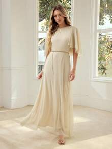 MOTF PREMIUM SOLID CAPE SLEEVE CHAIN BELTED LONG DRESS - Apricot - View 1