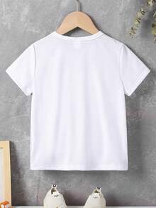 Camiseta de manga corta con cuello redondo y estampado de letras y dibujos animados, informal para niño, verano - Blanco - Ver 2