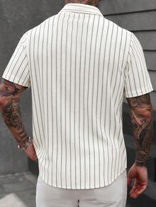 Manfinity CasualCool Men's Casual Striped Print Short Sleeve Loose Fit Shirt, Suitable For Daily Wear And Commuting, Summer - White - View 2