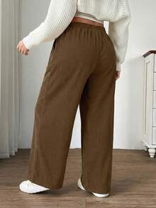 SHEIN EZwear 大码女式高腰宽松阔腿裤，灯芯绒面料，带口袋和贴布设计，适合校园、日常穿着和室内工作，秋冬季穿着。 - Volcanic Gray - 查看 2