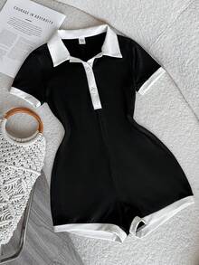 Teen Girl Casual Collegiate Style Polo Collar Romper,Black And White Contrast Color Jumpsuit,Summer Office Versatile Outfit,Preppy Cute Y2K Kids Dress - Black and White - View 1