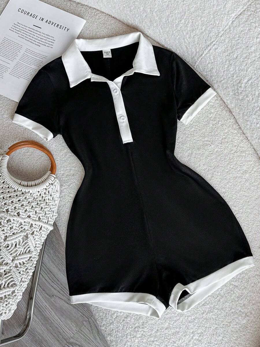 Teen Girl Casual Collegiate Style Polo Collar Romper,Black And White Contrast Color Jumpsuit,Summer Office Versatile Outfit,Preppy Cute Y2K Kids Dress - Black and White - View 1