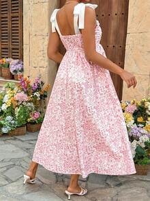 Lyckli Robe de maternité élégante à imprimé floral et design à nœud pour soirée - Rose bonbon - Voir 2