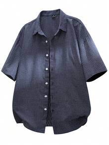 SLATEMANN Herren modisches, lässiges, gewebtes, kleines kariertes Drop-Shoulder Hemd mit Kentkragen und Raglanärmeln - marineblau - Übersicht 4