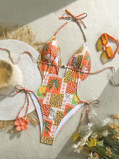 Soleia Traje de baño de una pieza con escote en V y espalda descubierta, textura jacquard de punto verde oliva, para vacaciones en la playa