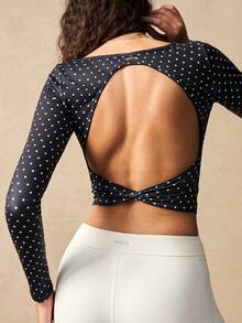 VARSIVA 女士波点露背圆领长袖T恤，时尚百搭，适合日常、户外和运动穿着。 - 黑色 - 查看 3