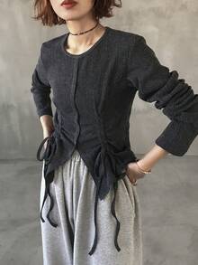 FRIFUL Women's Round Neck Cinched Waist Drawstring Hem Fitted Bowknot Drawstring Textured Fabric Decor T-Shirt, Spring To Summer Clothing - Black - View 8