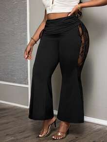 SHEIN PETITE CURVE Plus Size Black Autumn Classy Night Flare Leg Pants,Women's Solid Color Lace Patchwork See Through Pleated Elegant Party Carnival Costume & Weddings - Black - View 4