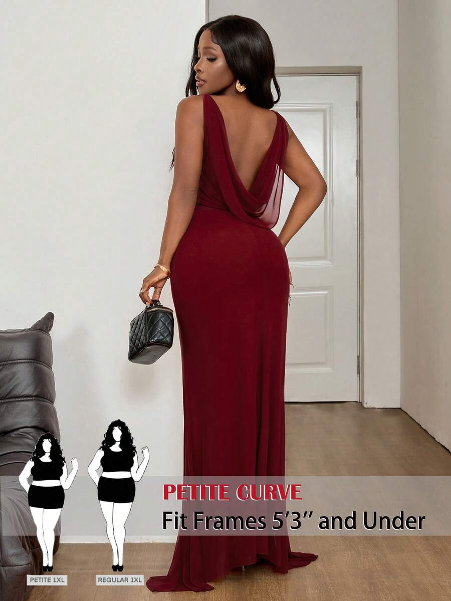 SHEIN PETITE CURVE 大码优雅性感露背吊带连衣裙 - 酒紅色 - 查看 1