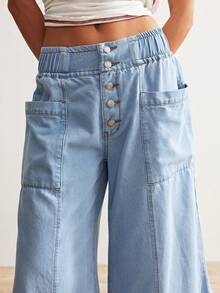 Bohemela 女士休闲纯色梭织宽松七分裤 - 藍色 - 查看 5