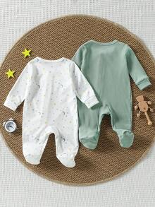 SHEIN Vintaside Kids 2件装新生男婴罗纹针织长袖连体衣，按扣设计，薄荷绿和象牙白配色，星月图案 - 彩色 - 查看 3