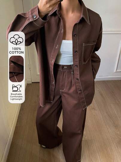 DAZY Women's Casual Contrast Color Pocket Shirt And Wide Leg Jeans Suit, Autumn